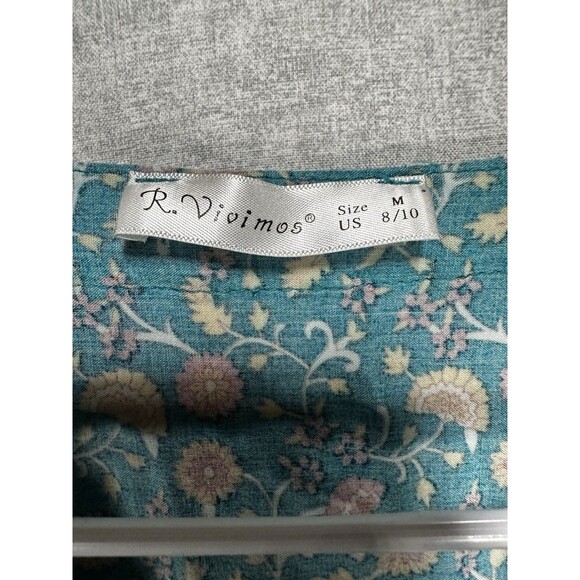 R. Vivimos Dress Womens Medium 8/10 Floral V Neck Short Sleeve Midi - Picture 3 of 7